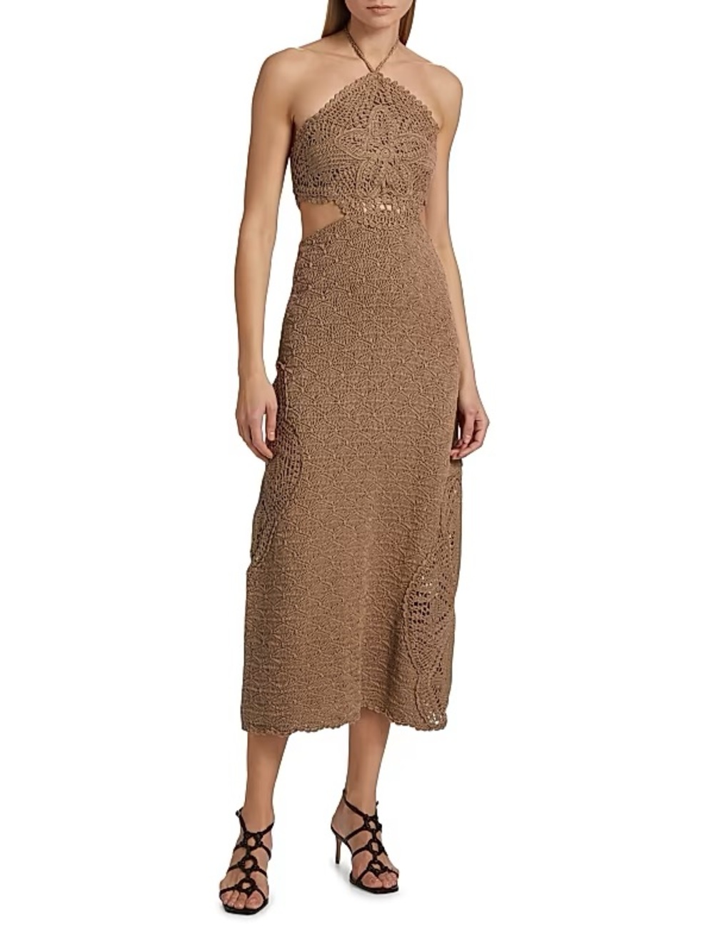 AMUR Crochet Halter Midi Dress in Brown